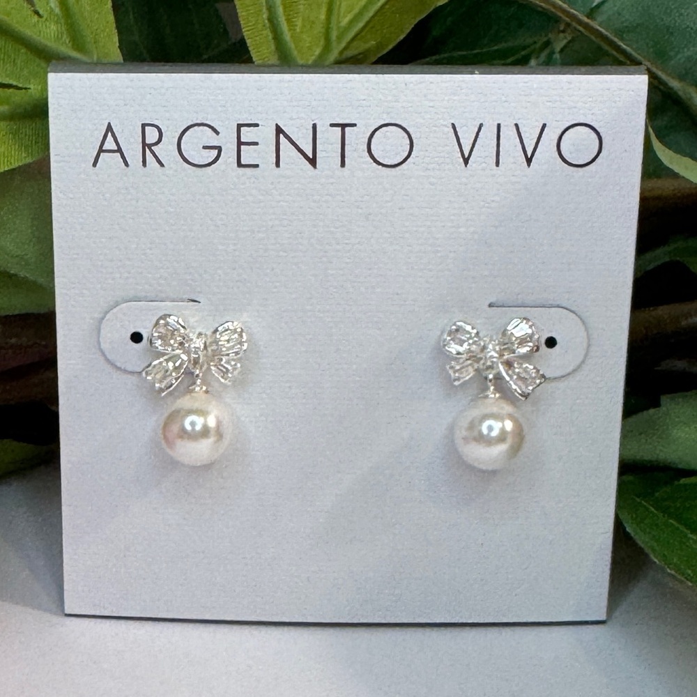 Argento Vivo Silver Tone and Pearl Bow Earrings